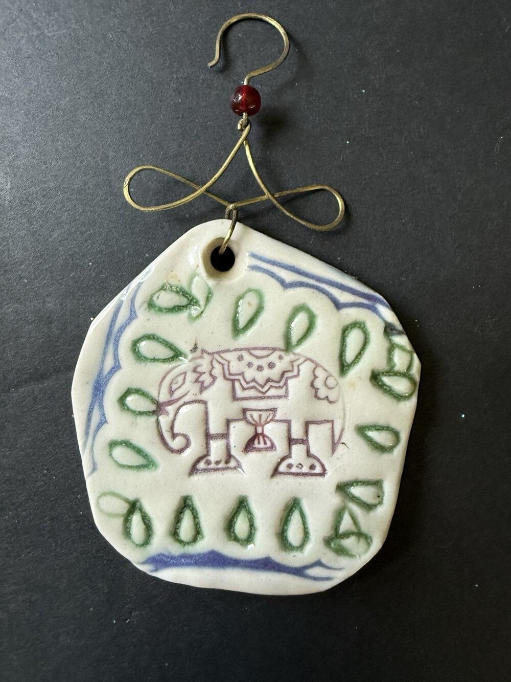Handcrafted Artisan Ceramic Ornament Elephant Indie Bohemian Artsy Handpainted